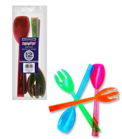 Assorted Neon Blacklight Reactive 9.5' SERVING FORKS & SPOONS - 12 ct