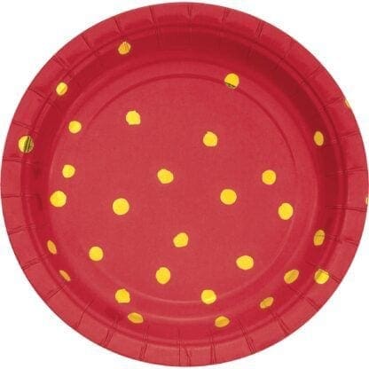 Classic Red and Gold Foil Dot 7" Dessert Plates - 8ct