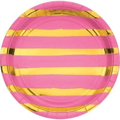 Candy Pink and Gold Foil Striped Paper Plates, 8 Pk