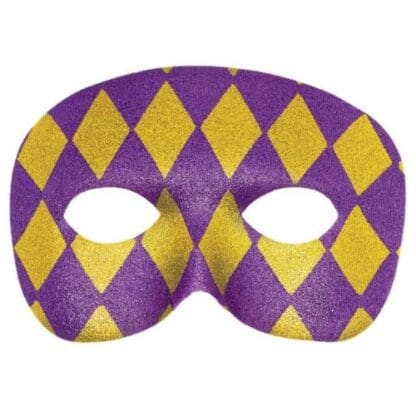 Purple  Gold Harlequin 3 in. X 7 in. Mardi Gras Plastic Masquerade Mask